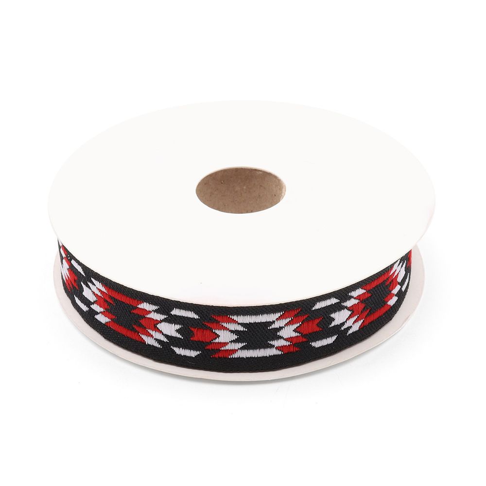 Лента (тесьма) жаккардовая 20.0 мм / 10±0.5 метров, Геометрический орнамент 20279 V1 черный/красный