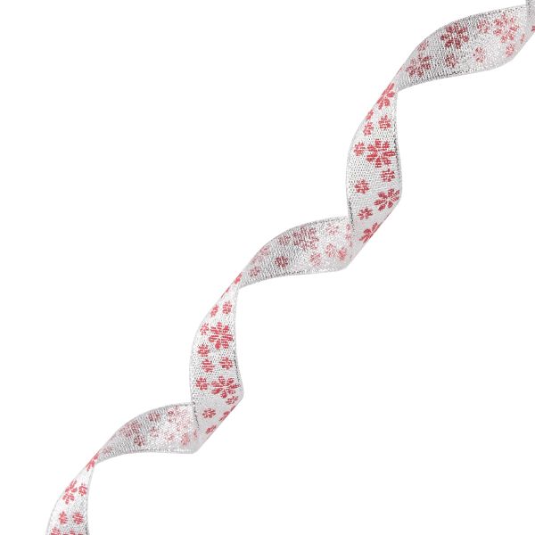Лента декоративная Цветочки, DM-008, 15.0 мм / 32,9м серебро/красный