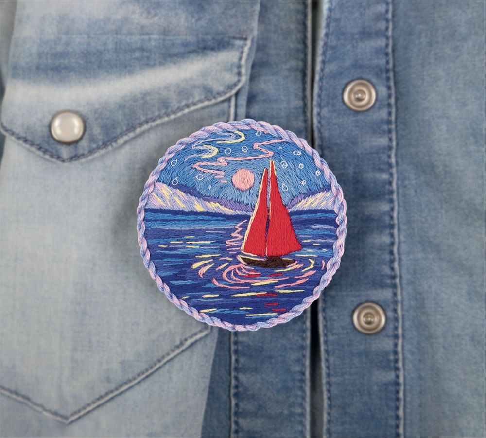 Набор для вышивания нитками Panna, Живая картина, Брошь. Парусник под луной, 5,5х5,5 см