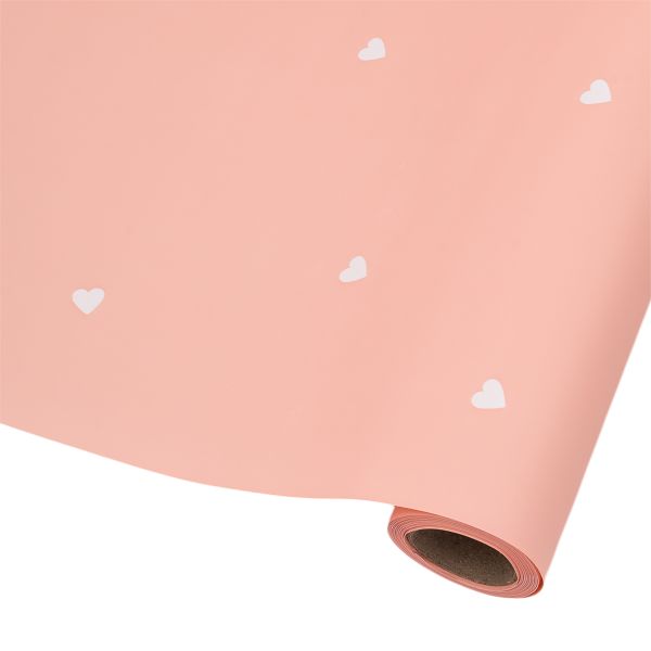 Пленка упаковочная для цветов и подарков Сердечки, 65 мкр, 58см / 10м ± 5% (VH2558 персиковый с белыми сердечками)