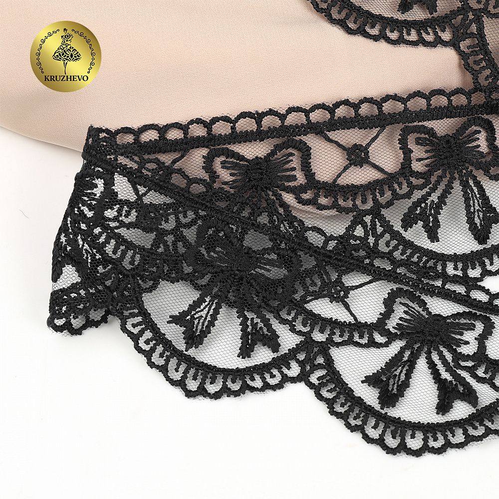Кружево на сетке матовая нить с бантиками 60 мм, цв.черный, 10 метров, Kruzhevo
