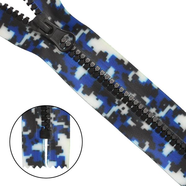 Молния трактор Т5 (5 мм) 1 зам., разъем., 18 см, декор. звено акулий зуб, принт Милитари, н/раз., синий, 10 шт