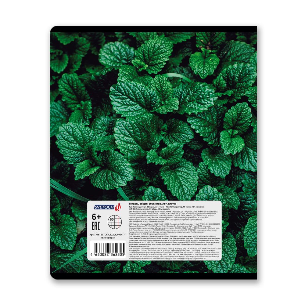 Тетрадь ученическая общая, твин лак, A5+ 60 л. на скобе 65 г/м², белизна 100%, 10 шт, клетка в термоусадочной пленке, 000477 Биосфера, Светоч 60ТСК5_8_2_1