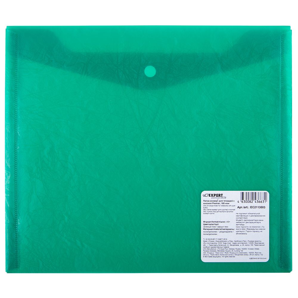 Папка-конверт для тетрадей с кнопкой A5+ 180 мкм, 20 шт, зеленый new ЕС2113003, Expert Complete