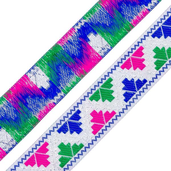 Лента (тесьма) жаккардовая 33.0 мм / 7 метров, белый/серебро, 11825