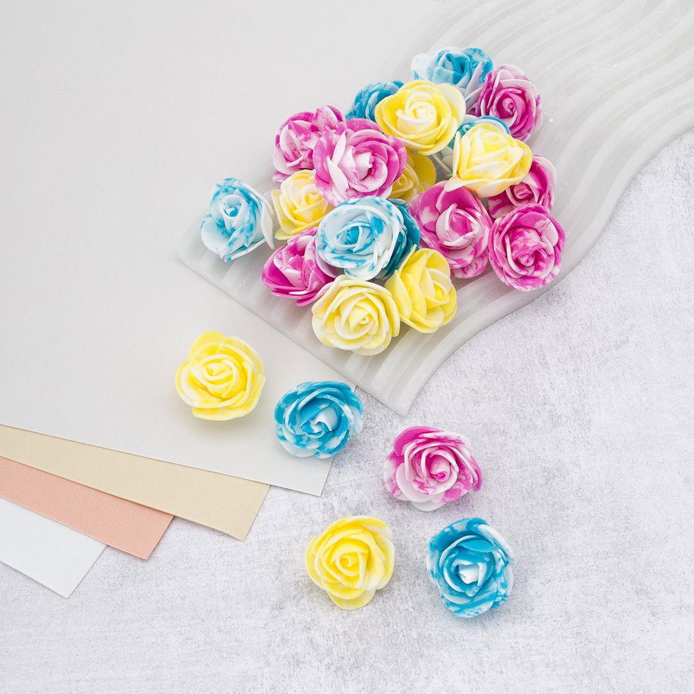 Цветочек-розочка мраморная из фоамирана 38 мм, микс №11, 3 цвета, 24 шт