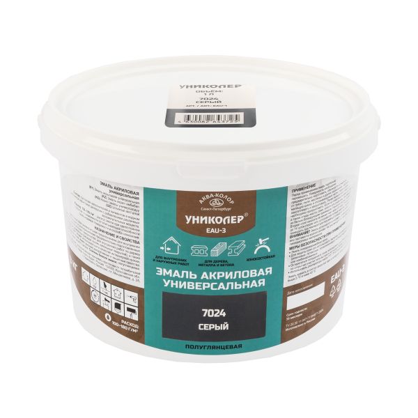 Эмаль акриловая универсальная 3 кг, RAL 7024 - серый, Униколер EAU-3