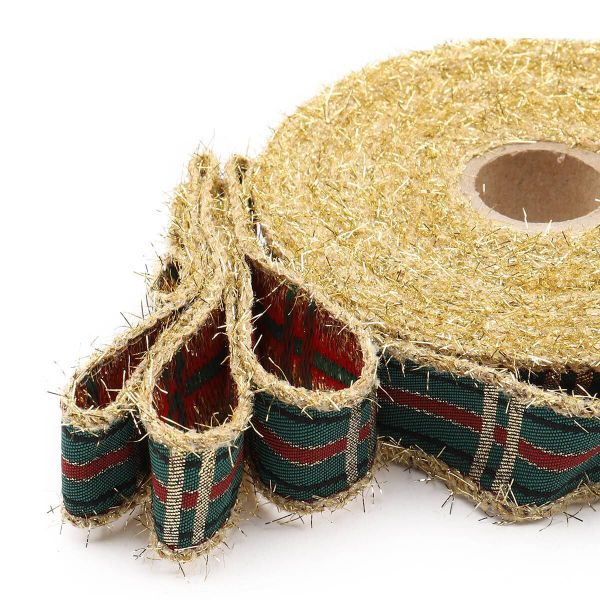 Лента (тесьма) жаккардовая 25.0 мм / 10±0.5 метров, Тартан с люрексом, 25136 SKL золото