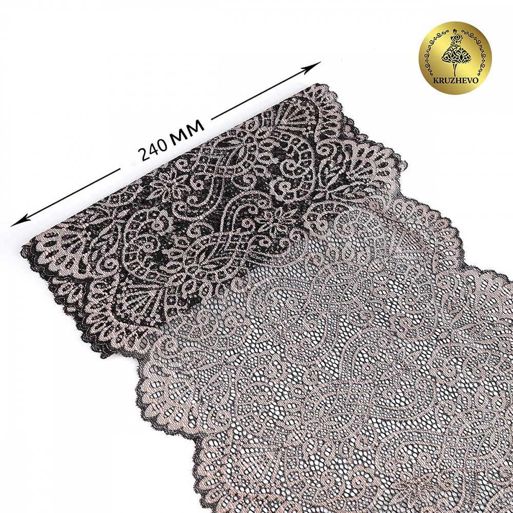 Кружево бельевое эластичное 225 мм / 3 м, TBY.40992, цв.L168 серебристый пион+черный, Kruzhevo