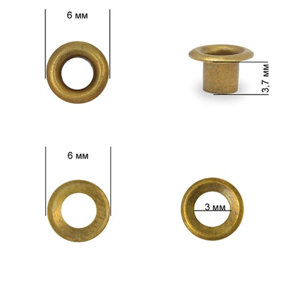 Люверсы металл ⌀_3.0 мм (внутр.), внешн. ⌀6.0 мм (внутр.), h3.7 мм (внутр.), №1.7, сталь, цв. антик, 1000 шт, TBY