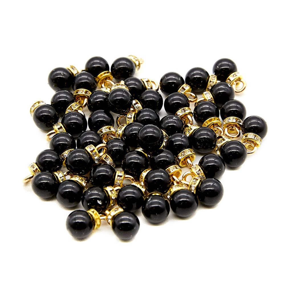 Пуговицы-жемчужины на ножке 13L=8 мм, со стразами, пластик, черный/золото), 50 шт, 3AR094