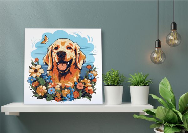 Алмазная (кристальная) мозаика Фрея ALBP-259, постер Собачка в цветах, 30х30 см