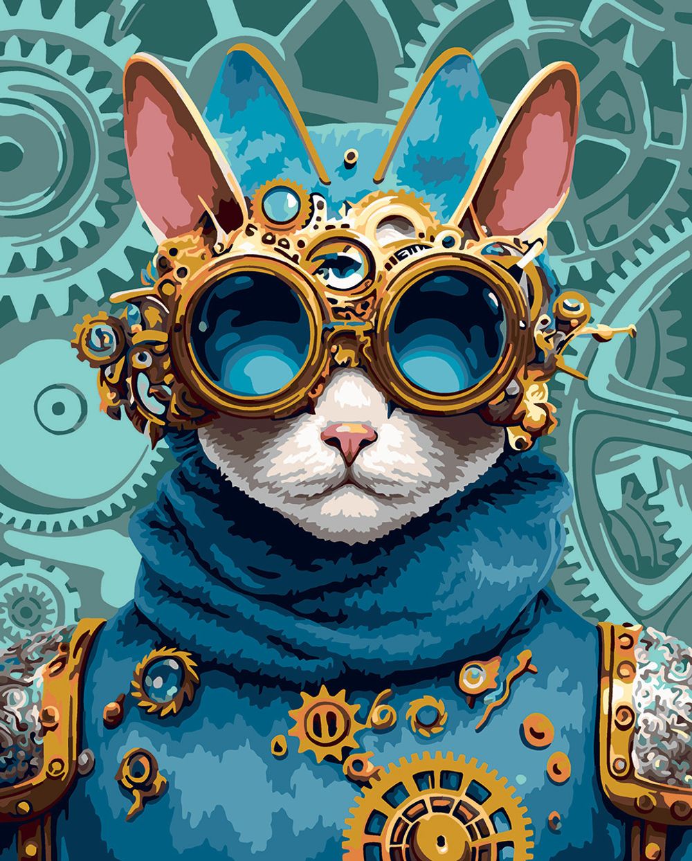 Картина по номерам Фрея, с поталью Кот в стиле стимпанк, 50х40 см