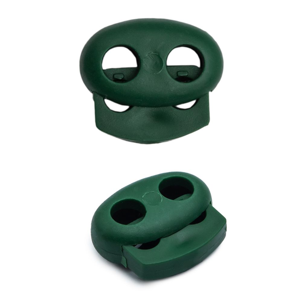 Фиксатор (зажим) для шнура пластик 2 отв., ⌀4.0 мм, 14х17 мм, овал малый ПП, т.зеленый, 100 шт