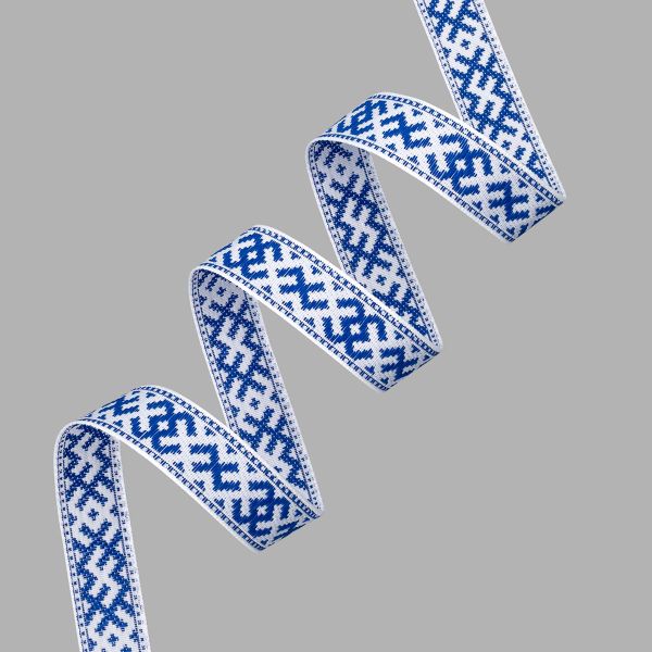 Лента (тесьма) жаккардовая 18.0 мм / 25 метров, Славянский орнамент Оберег, рис. 9711, белый / синий, С3771Г17