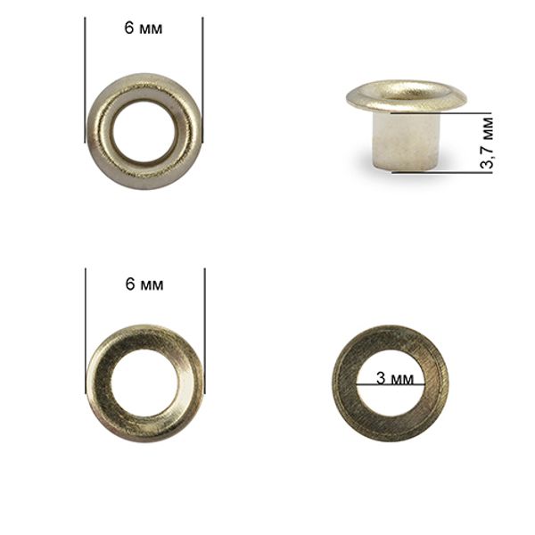 Люверсы металл ⌀_3.0 мм (внутр.), внешн. ⌀6.0 мм (внутр.), h3.7 мм (внутр.), №1.7, сталь, цв. никель, 1000 шт, TBY