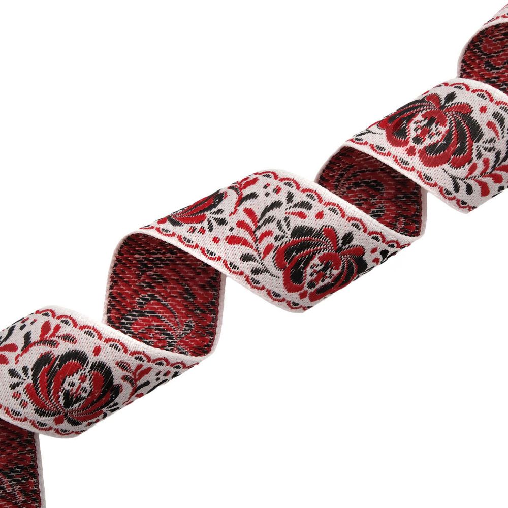 Лента (тесьма) жаккардовая 32.0 мм / 25±1 метров, рис. 9581 Гжель, (2 белый/красный/черный) С1853Г17