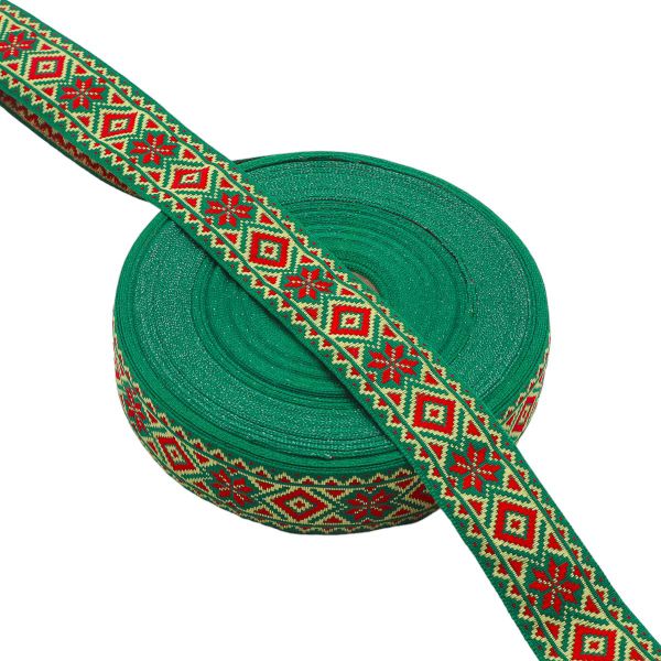 Лента (тесьма) жаккардовая 32.0 мм / 25±1 метров, рис. 9472, (зеленый/красный/желтый) С1853Г17