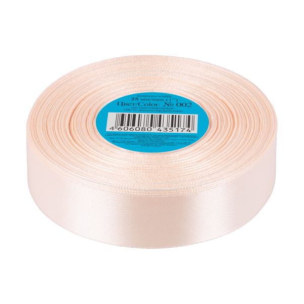 Лента атласная 1-сторонняя 25.0 мм / 33±2 метра, №002 св.розовый, в термоплёнке, Gamma