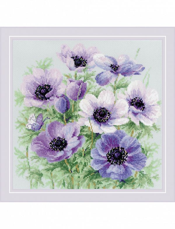 Набор для вышивания нитками Риолис, Лиловые Анемоны 30х30 см