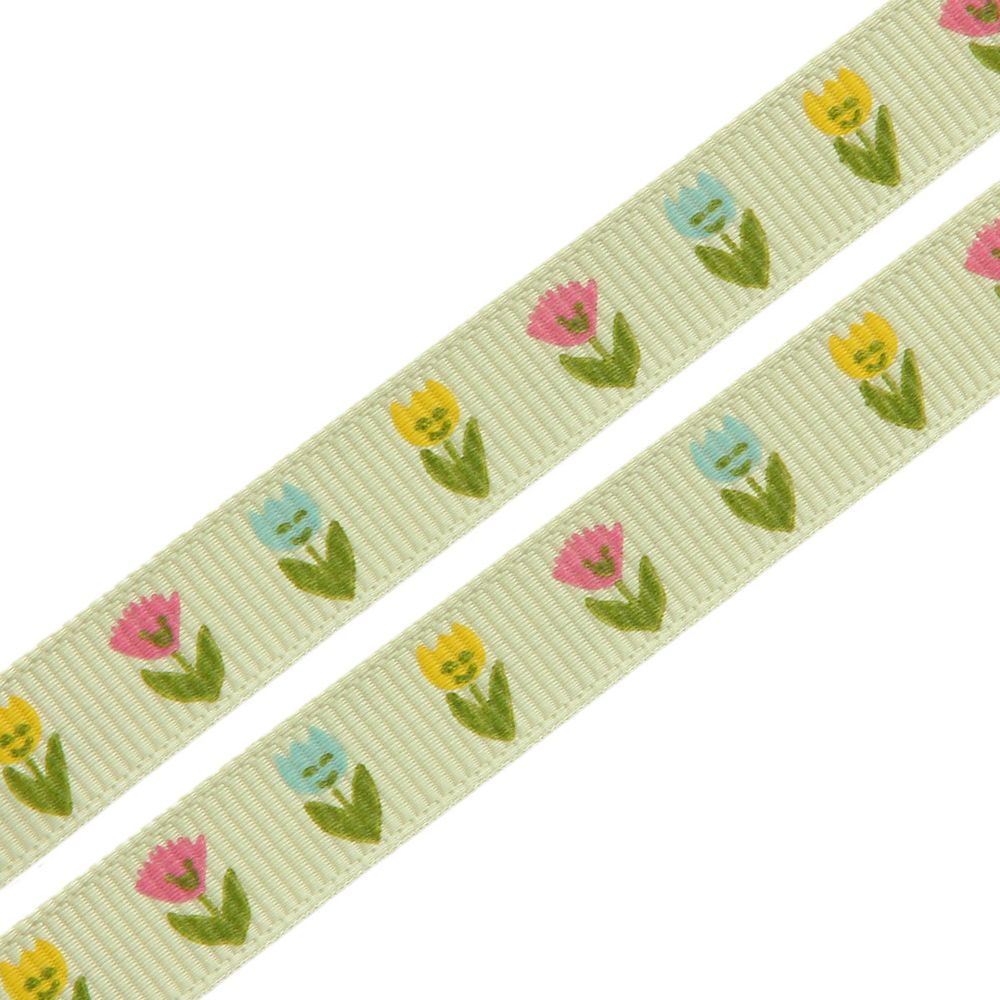 Лента репсовая (в рубчик) Тюльпаны, 10 мм, 3м, зеленый