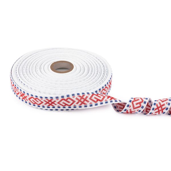 Лента (тесьма) жаккардовая 24.0 мм / 25±1 метров, Орнамент для северных народов, рис 9876 №2 бел/красн/синий, Gamma C3885