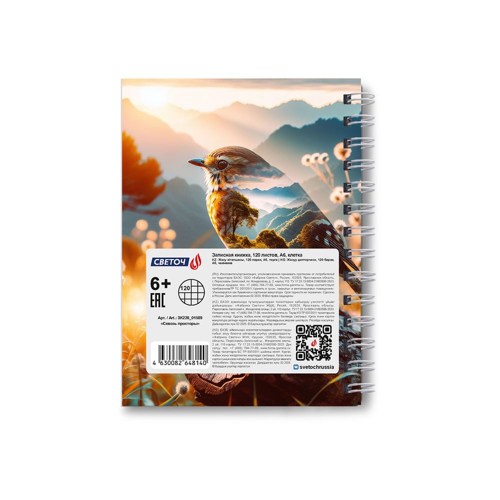 Записная книжка с твердым переплетом, глянцевая ламинация, на гребне A6 120 л. 4 шт клетка, Сквозь просторы 01589, ЗК226 Светоч