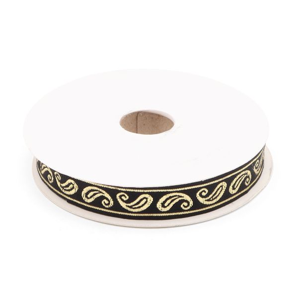 Тесьма декоративная металлизированная Пейсли 15 мм / 25 метров, 15006 черный/золото