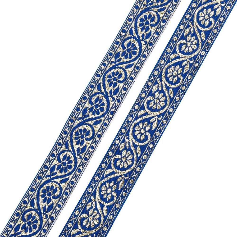 Лента (тесьма) жаккардовая 32.0 мм / 25±1 метров, с метанитом рис. 9819, синий/золото, С3104Г17