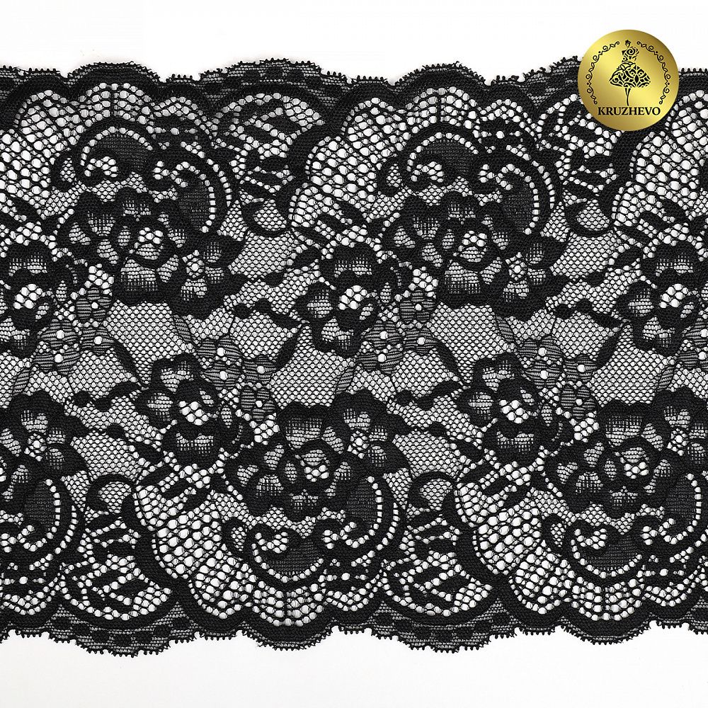 Кружево бельевое эластичное 190 мм / 10 м, 6392, цв.02 черный, Kruzhevo