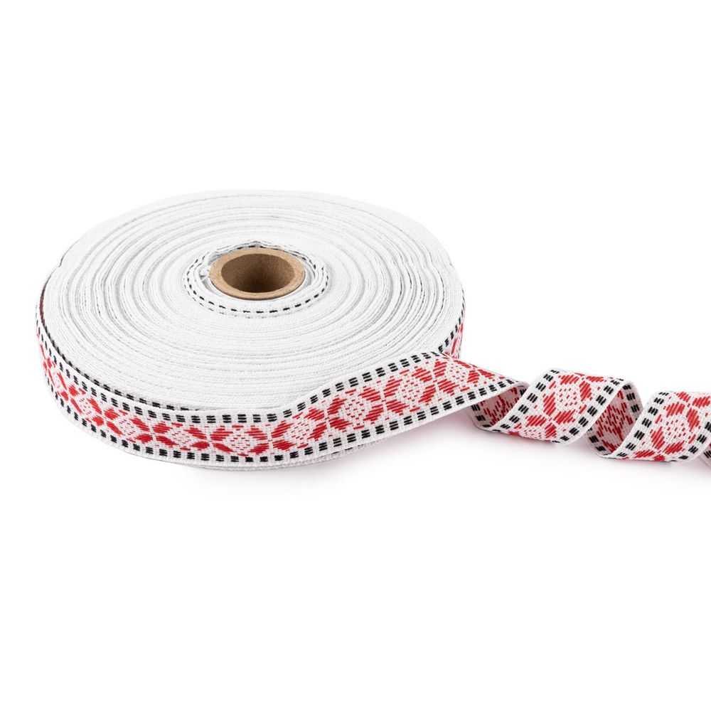 Лента (тесьма) жаккардовая 24.0 мм / 25±1 метров, Орнамент для северных народов, рис 9867 №2 бел/красн/черный, Gamma C3885