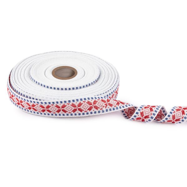 Лента (тесьма) жаккардовая 24.0 мм / 25±1 метров, Орнамент для северных народов, рис 9867 №1 бел/красн/синий, Gamma C3885