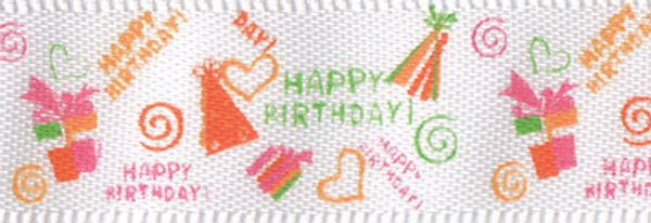 Лента атласная с рисунком 12.0 мм / 22.8±1 метра, W1/001 birthday/белый, Gamma ALP-124