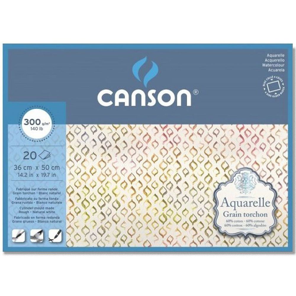 Блок для акварели AquarellCP Torchon 300 г/м², A3+ 50х36 см, склейка с четырех сторон 20 л, крупнозернистая, Canson C400106445