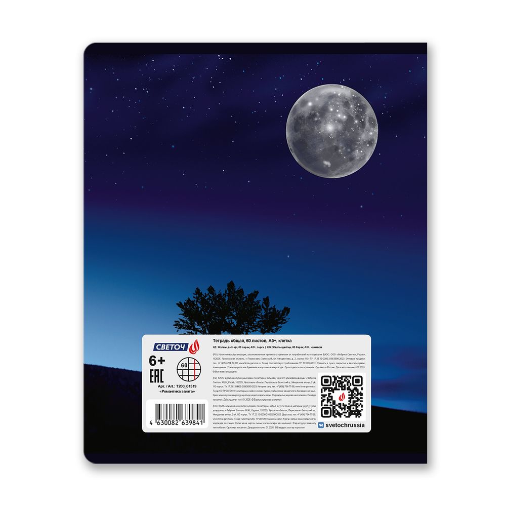 Тетрадь ученическая общая, глянцевая ламинация A5 60 л. на скобе 65 г/м², белизна 100% 10 шт клетка, 01519 Романтика заката, Светоч Т200