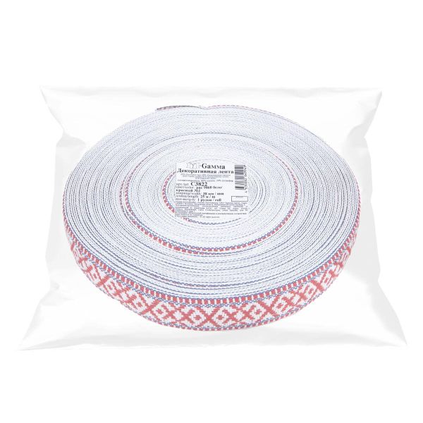 Лента (тесьма) жаккардовая 38.0 мм / 25±1 метров, для пояса, рис 9860 бело/красный №2, Gamma С3822