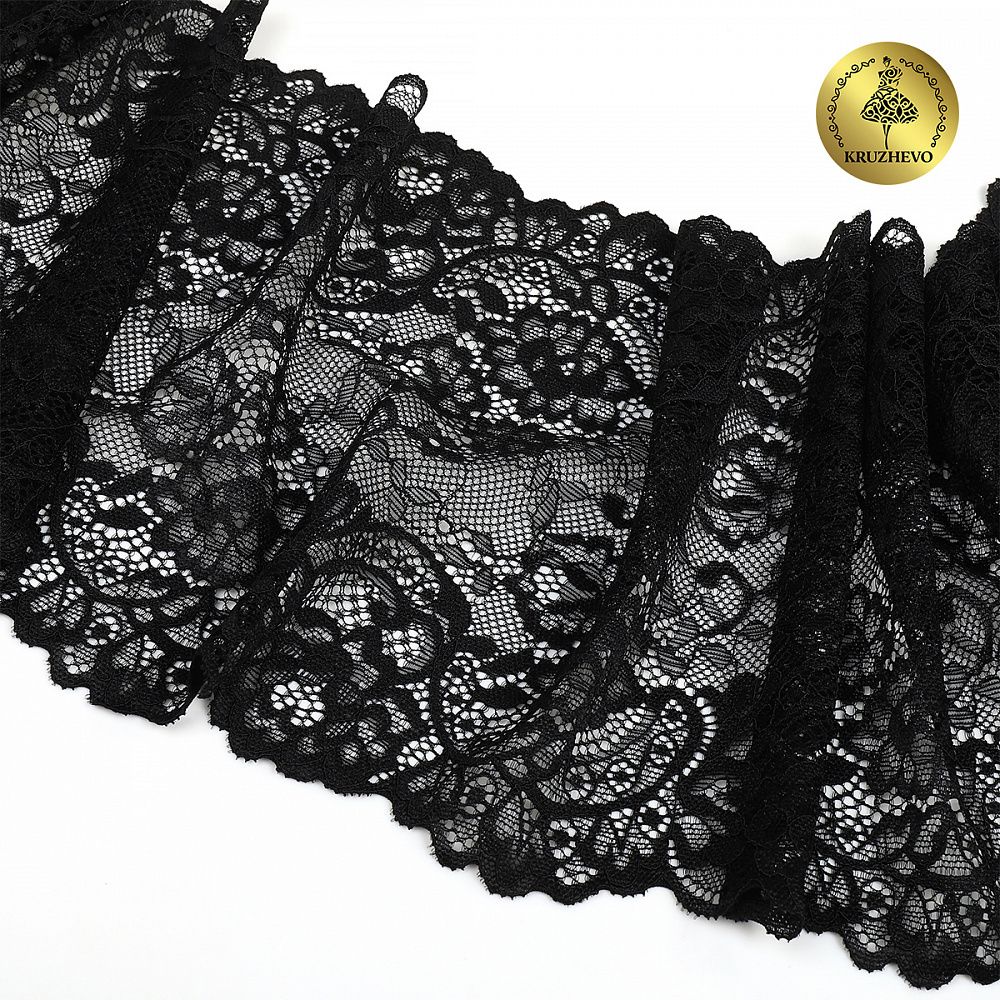 Кружево бельевое эластичное 190 мм / 10 м, 6378, цв.02 черный, Kruzhevo