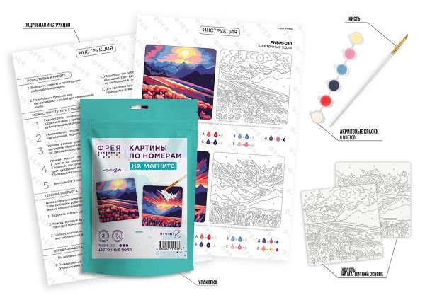 Картина по номерам Фрея PNBM-010, Цветочные поля, (на магните) 9х9 см