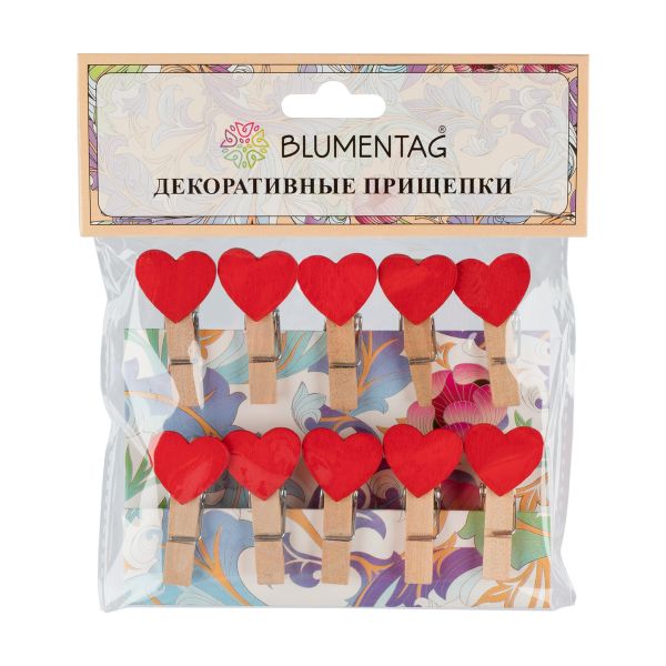 Прищепки декоративные 50 шт (5х10 шт), 3.5 см, H26 Сердечки красные, Blumentag WCLH-35