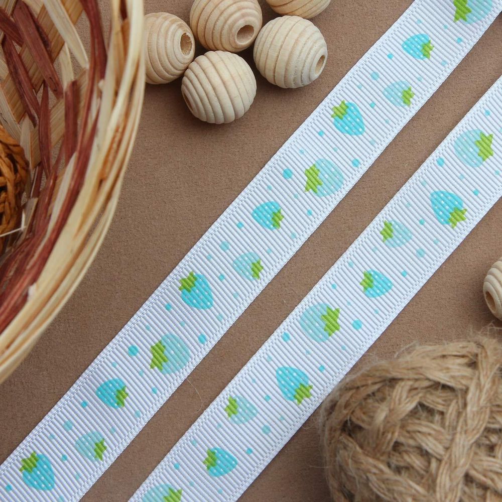 Лента репсовая (в рубчик) Землянички, 15 мм, 3м, голубой