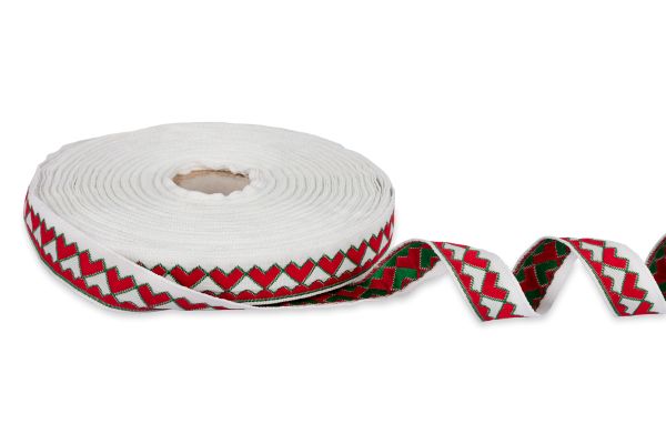 Лента (тесьма) жаккардовая 18.0 мм / 25±1 метров, Орнамент для северных народов, рис 7052 белый-красный-зеленый, Gamma С3771