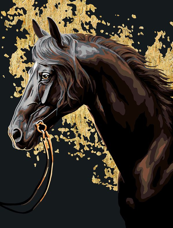 Картина по номерам Фрея PNB/PMPT-275, Вороной скакун, (эффект черного холста с поталью) 40х30 см