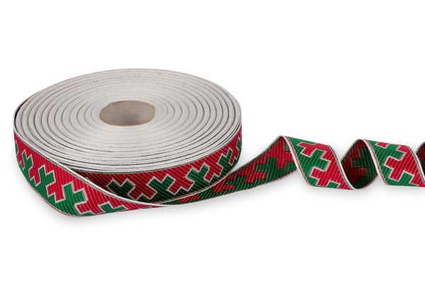 Лента (тесьма) жаккардовая 24.0 мм / 25±1 метров, рис.9591, Орнаменты и узоры народов севера, белый-красный-зеленый, Gamma С3772Г17 рис.9591