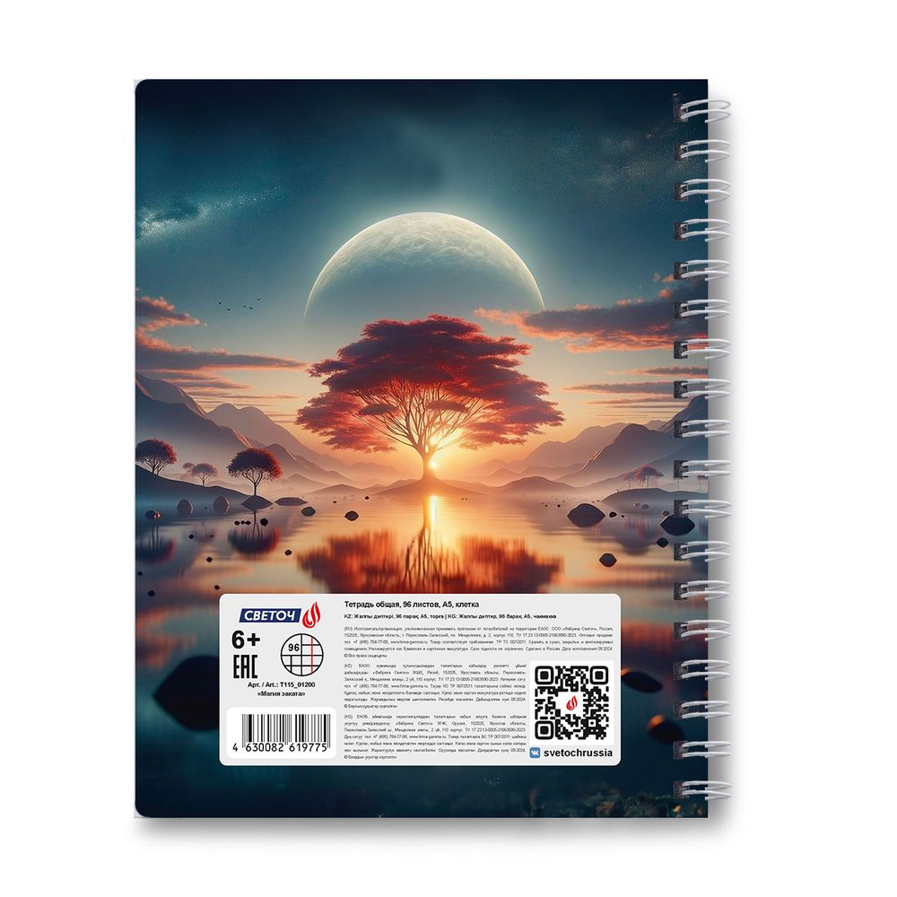 Тетрадь ученическая общая, A5 96 л. на гребне 65 г/м², белизна 100 %, 4 шт, клетка, 01200 Магия заката, Светоч Т115