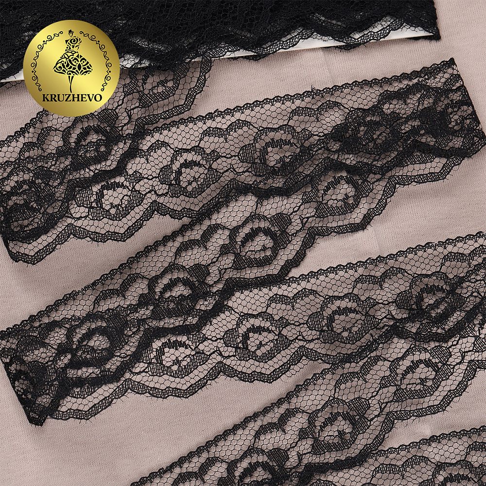 Кружево отделочное в стиле "трикотаж" 28 мм, диз. T-003 цв.черный уп.9м