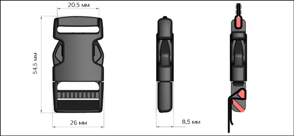Фастекс (пряжка трезубец) пластик 20 мм, 500 шт, FH20 черный, нагр.55 кг