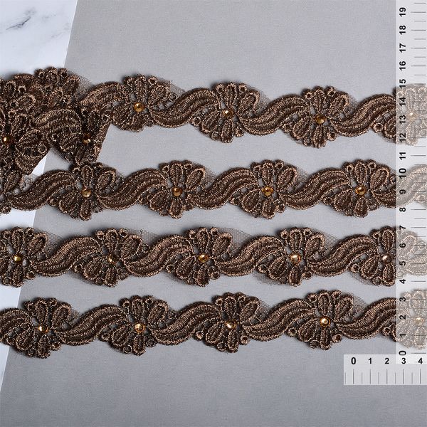 Кружево на сетке со стразами 35 мм, диз. 216, цв.1 коричневый уп. 27,4 м, Kruzhevo