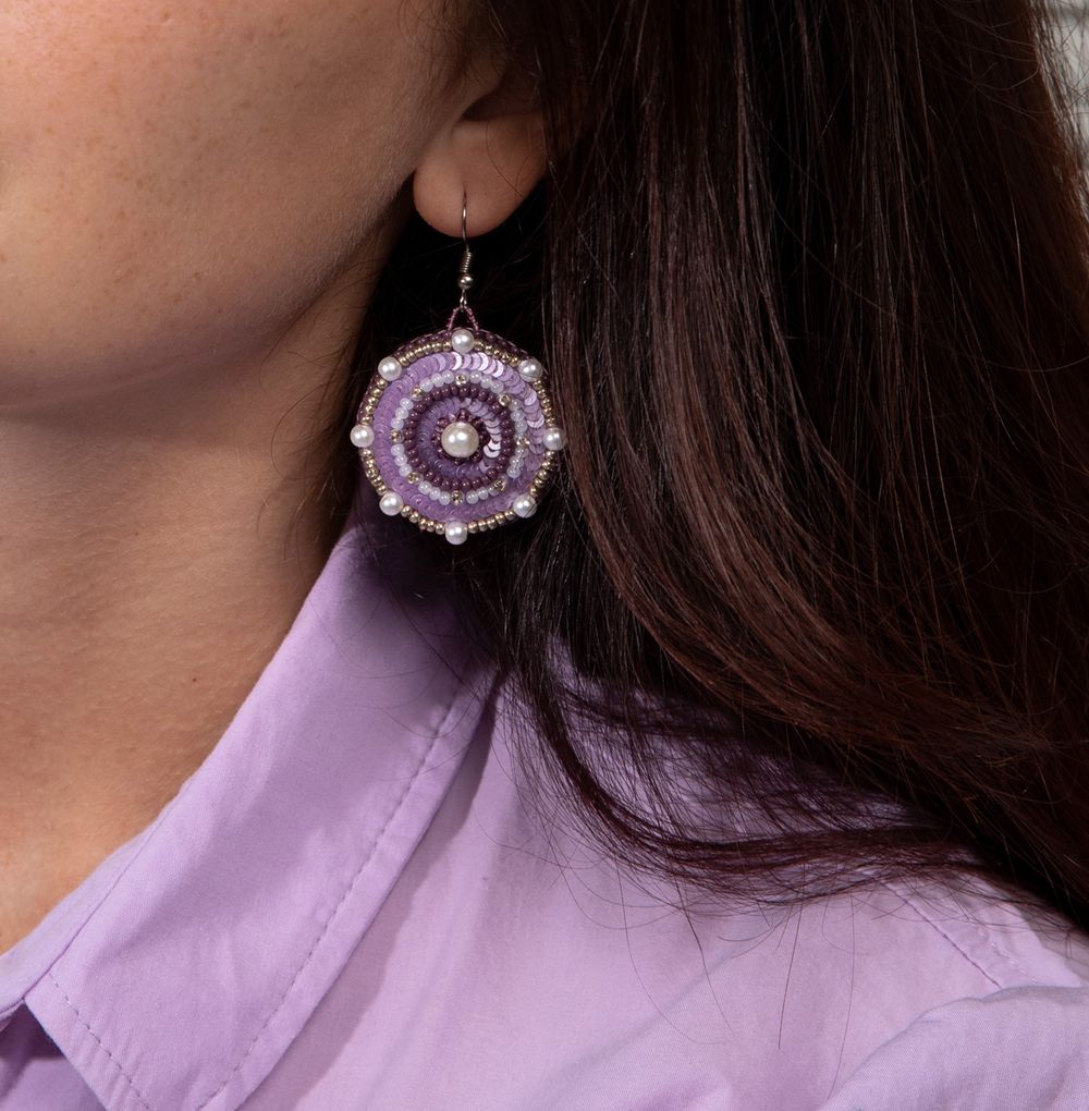 Набор для вышивания бисером Klart, серьги круглые Лиловый орнамент, 3,5х4 см