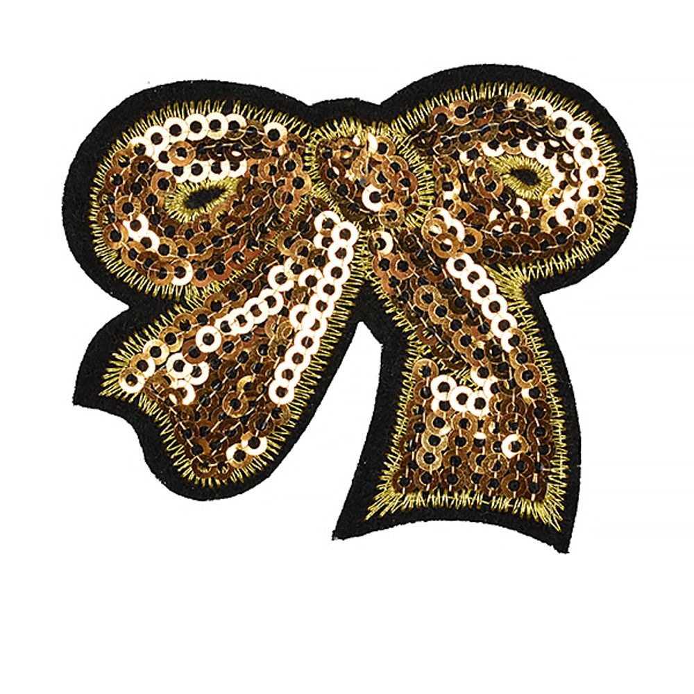 Термоаппликация с пайетками Бантик 63х50мм цв.1 золото, 10 шт