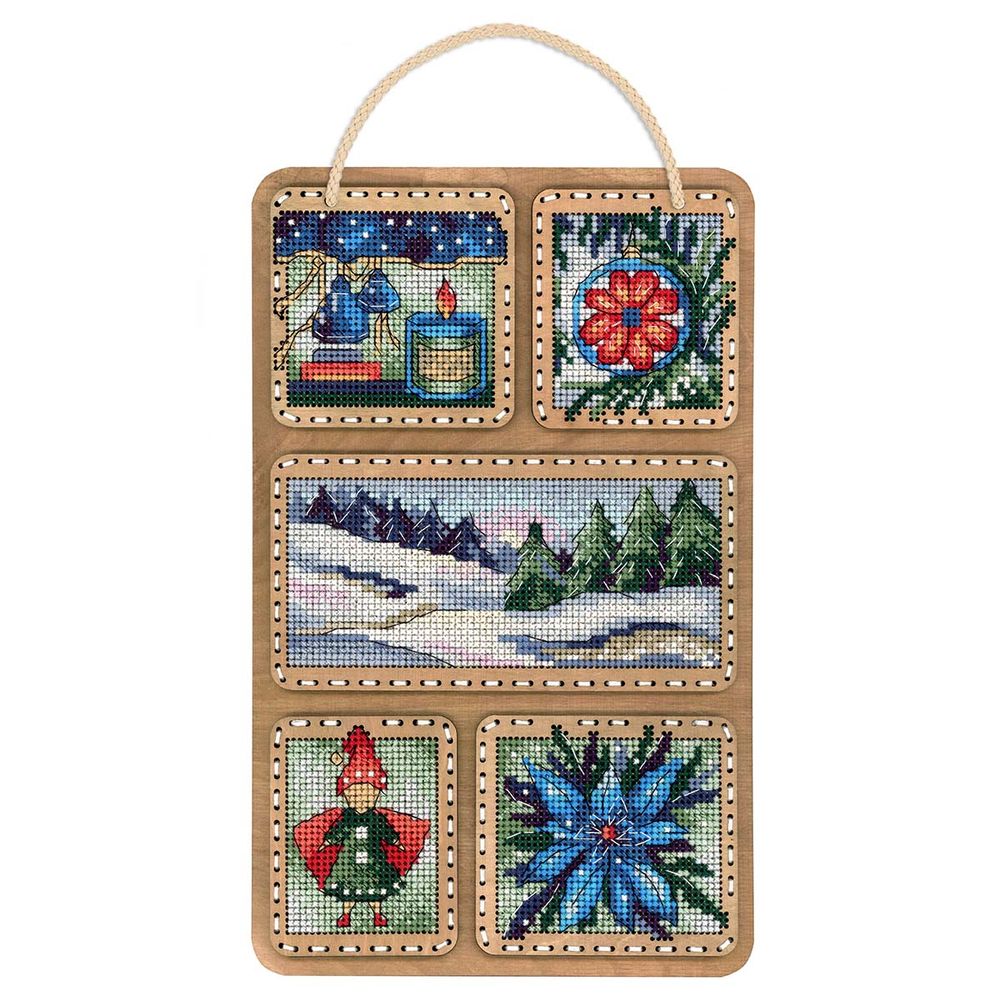 Набор для вышивания нитками МП Студия О-124, на деревянной основе Зимний коллаж 26х17см